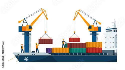 Port Logistics in Action: A dynamic illustration showing the intricate process of cargo loading, showcasing the coordination and efficiency of the maritime trade industry.