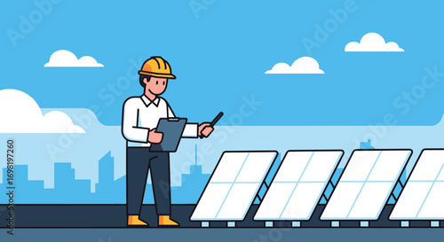 Engineer Inspecting Solar Panels Cartoon Scene for Clean Energy Generation