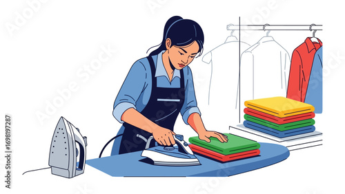 Ironing Elegance: A woman skillfully presses freshly laundered clothes with an iron on a blue ironing board in a tidy laundry setting. Capturing the simplicity and ease of household chore.