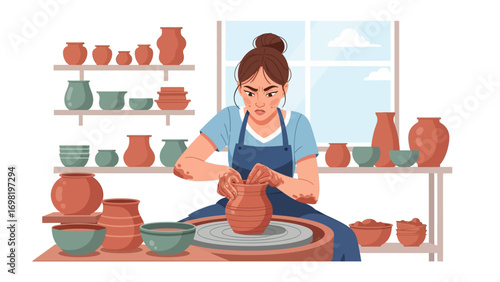 Crafting Moments: A female potter skillfully molds clay on a spinning wheel in her workshop. Pottery art is a symphony of hands and imagination. This image exudes creativity, patience.