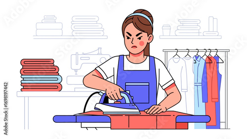 Ironing Frustration: A focused individual tackles a pile of laundry, displaying focused determination. The scene depicts the everyday struggles of keeping things tidy.