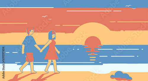Couple strolling on sandy beach at sunset illustration graphic flat design