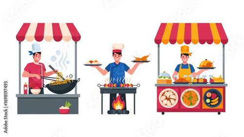 Street Food Vendors: A vibrant illustration showcasing three street food vendors, each expertly preparing diverse cuisines from around the globe, offering a tantalizing array of culinary delights.