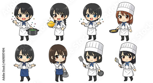 Vector design elements featuring a set of cute anime chef characters for cooking-themed projects. An eps illustration collection of cartoon cooks
