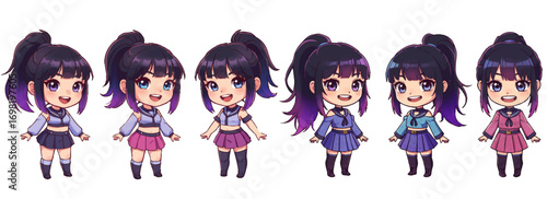 A comprehensive character design set featuring a cute chibi anime girl with various colorful outfit and hairstyle concepts for digital media