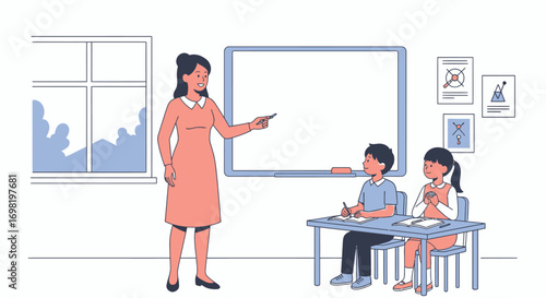 Teacher teaching children inside classroom illustration at school
