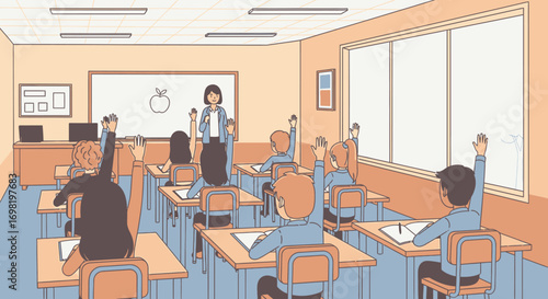 Classroom scene with teacher and pupils raising hands in lesson