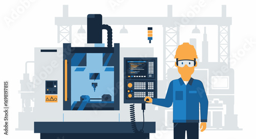 CNC machine operator and automated manufacturing technology vector concept