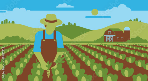 Organic Farming Illustration With Farmer in Field
