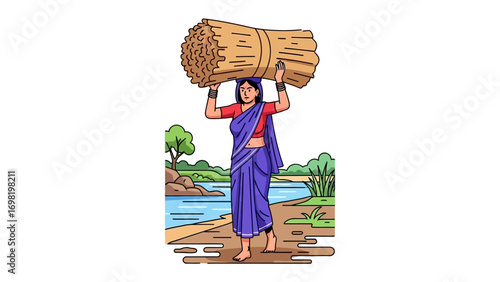 Carrying a Bundle: A woman, head held high, shoulders a load as she walks along the riverside pathway, an illustration of a rural life.