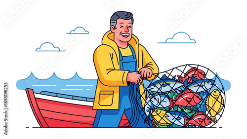 Fisherman's Bounty: An illustration captures a fisherman in his boat, filled with his fresh catch and a satisfied expression.