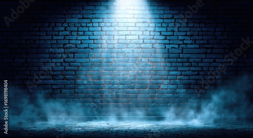 Dramatic Blue Spotlight Illuminates Textured Brick Wall with Fog.