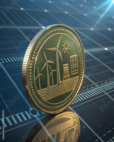 Futuristic Renewable Energy Cryptocurrency Coin – 8K Clean Tech Finance Symbol