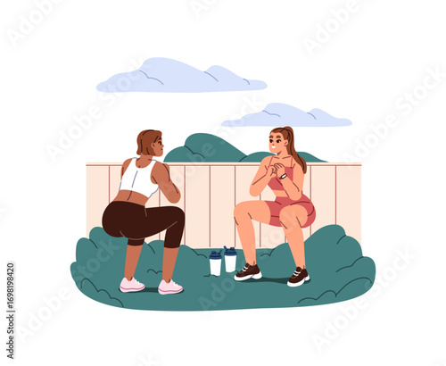 Girls in sportswear do squats at workout. Friends practice sports exercises outdoors together. Young women are training, keep fit, do warm up. Flat isolated vector illustration on white background