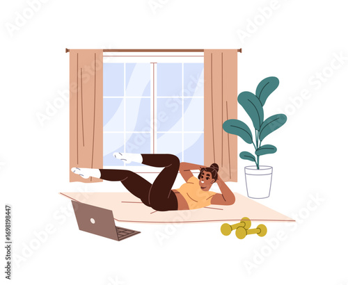 Girl is watching online sports course on laptop and does workout at home. Black woman does fitness training indoors. Person does cross crunches. Flat isolated vector illustration on white background