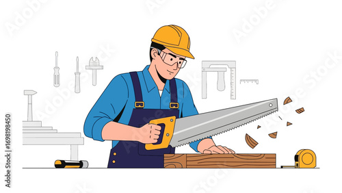 Crafting Precision: A skilled craftsman, adorned with safety gear, demonstrates meticulous work as he saws wood, with tools subtly arranged in the background.