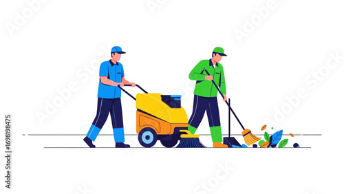 Clean Street: Two municipal workers diligently maintain a clean urban environment. One operates a street sweeper, while the other employs a broom, showcasing their commitment to cleanliness and order.