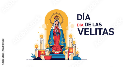 Dia de las Velitas Celebration A Beautiful Illustrated Scene of Virgin Mary Surrounded by Candles and Festive Lights Symbolizing Hope and Reverence