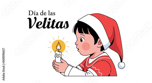 Día de las Velitas Illustration - A Child in a Santa Hat Holding a Lit Candle for the Festival of the Candles