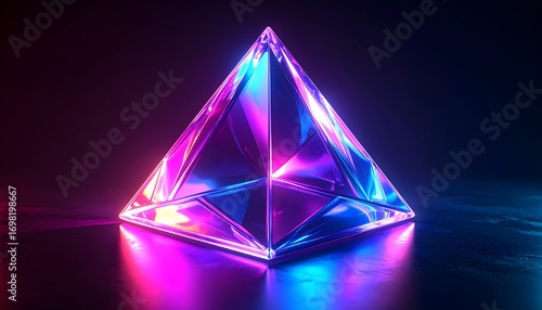 Luminous Crystal Pyramid Radiating Neon Hues on Dark Reflective Surface