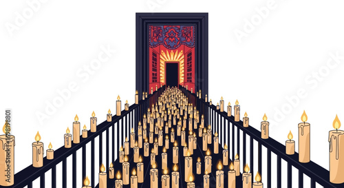 An illuminated walkway lined with countless candles leading to an ornate doorway, creating an atmosphere of mystery, wonder, and perhaps a spiritual journey