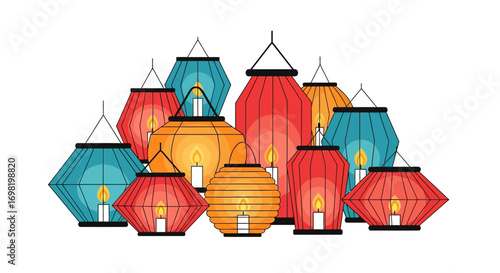 A vibrant collection of colorful paper lanterns, illuminated from within by flickering candlelight, creating a warm and inviting ambiance for festive occasions and celebrations.