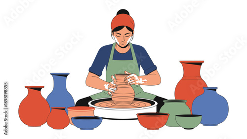 Crafting Harmony: A skilled artisan, absorbed in the pottery process, meticulously shapes clay on a spinning wheel amidst an array of colorful ceramic creations.