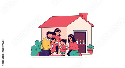 Family lighting candles in front of their home, symbolizing hope, unity, and warmth during a shared moment of reflection and togetherness, celebrating peace and light