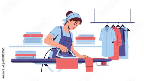 Home Textiles Expert: A woman is meticulously ironing a piece of clothing on an ironing board, surrounded by neatly folded textiles and freshly cleaned apparel.