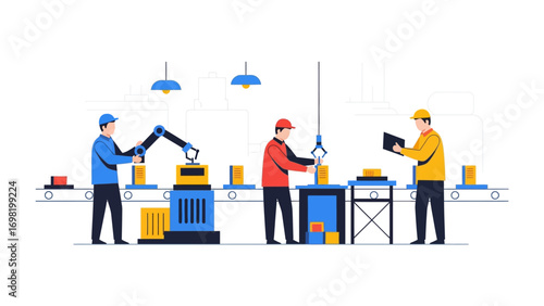 Industrial Precision: Within a dynamic production facility, engineers and automated arms work in harmony, orchestrating a seamless manufacturing process, underscored by efficiency and innovation.