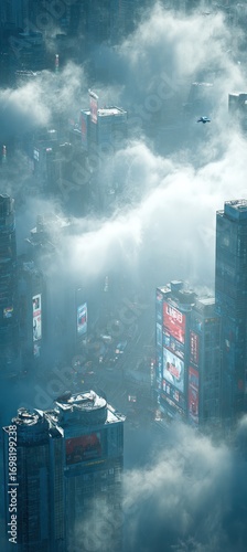A high-angle view of a futuristic city shrouded in a thick fog, showcasing towering structures and illuminated advertisements.
