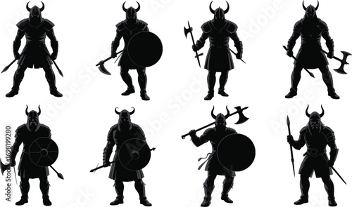 Set of Viking warrior silhouettes in various poses with weapons, vector illustration, historical Norse fighters, isolated on white.