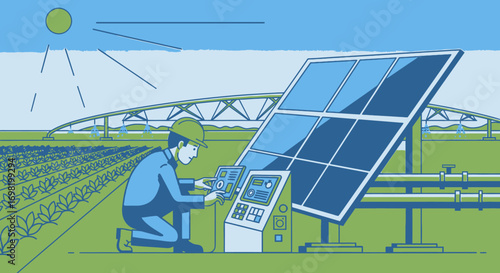 Sustainable agriculture technician managing solar panel data in a green energy farm