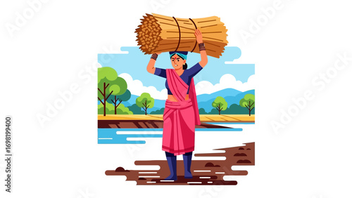 Rural woman with bundle of hay: Depicts a resilient woman carrying a bundle of hay with determination, set against a vivid countryside backdrop