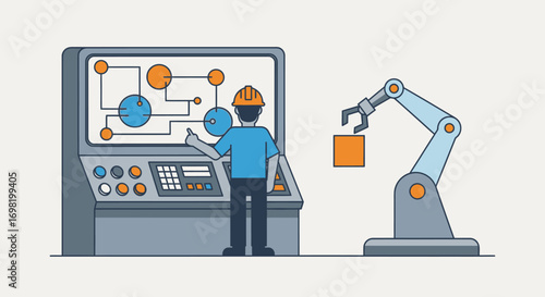 Automated Factory Control Panel with Robotic Arm and an Engineer