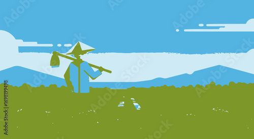 Asian Farmer silhouette in field landscape illustration graphic