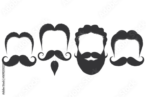 Collection of diverse mustache and beard styles in black and white showcasing various facial hair designs for barbershop inspiration and vintage fashion trends ideal for graphic design