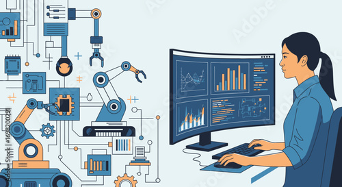 Engineering Data Automation: Woman monitors robot arm statistics and factory automation data