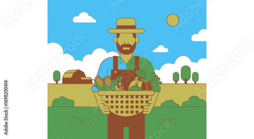 Illustration of farmer holding basket full of harvest vegetables at farmland