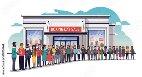A Diverse Group of Shoppers Eagerly Queue Outside a Store Displaying a "Boxing Day Sale" Sign, Anticipating Great Deals and Discounts on Merchandise During a Popular Retail Event