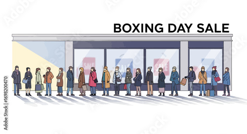 Shoppers patiently queue outside a retail store with large windows displaying sale items, anticipating the start of a Boxing Day sale event