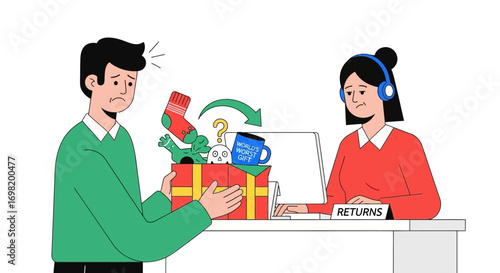 Man Returning Gifts at Customer Service Desk Frustrated with Unwanted Holiday Items, Question Mark Symbolizes Confusion Over Exchange