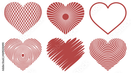 Collection of six decorative heart designs with various patterns for valentine's day love and romantic themes perfect for graphic design backgrounds and creative projects