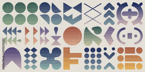 Abstract geometric pattern with circles triangles and unique shapes in a gradient color scheme perfect for backgrounds modern art and creative design projects on beige