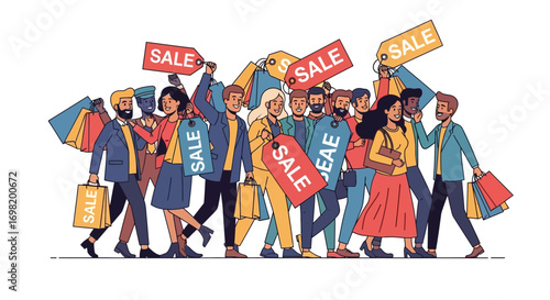 A Diverse Crowd of Shoppers Carrying Shopping Bags and Wearing Sale Tags, Representing Retail and Consumerism During Promotional Events and Seasonal Discounts