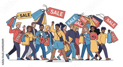 Excited shoppers carrying shopping bags with sale tags and a large shopping bag, celebrating discounts and special offers during a shopping spree and commercial event