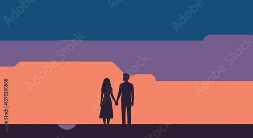 Silhouette couple admiring picturesque sunset holding hands in nature together