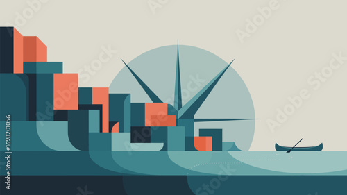 A stylized landscape featuring abstract buildings a large sun and a canoe on the water surface