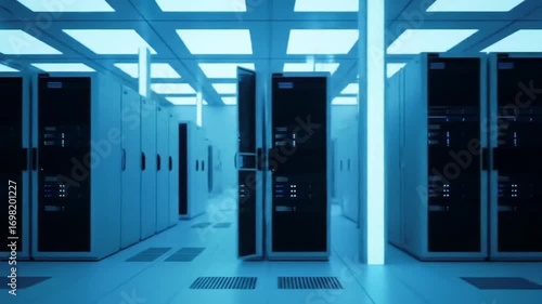 Symmetrical Server Room with Rows of Data Cabinets and Neon Lighting for Secure Computing