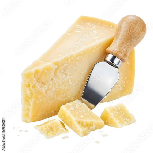 Parmesan cheese with shavings and knife , isolated on transparent background, png